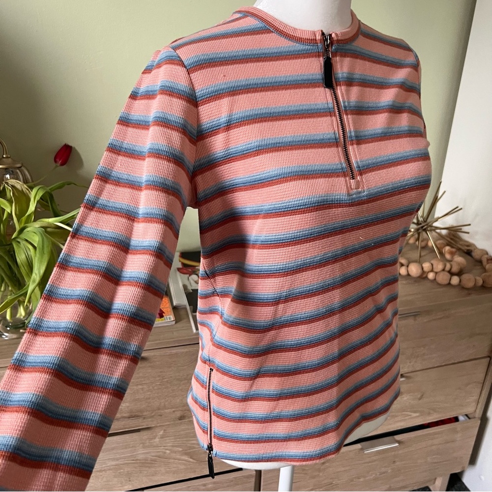 Sunset Sorbet Pastel Striped Long-Sleeve Cotton Blend Modest Zipper T-Shirt Sz S